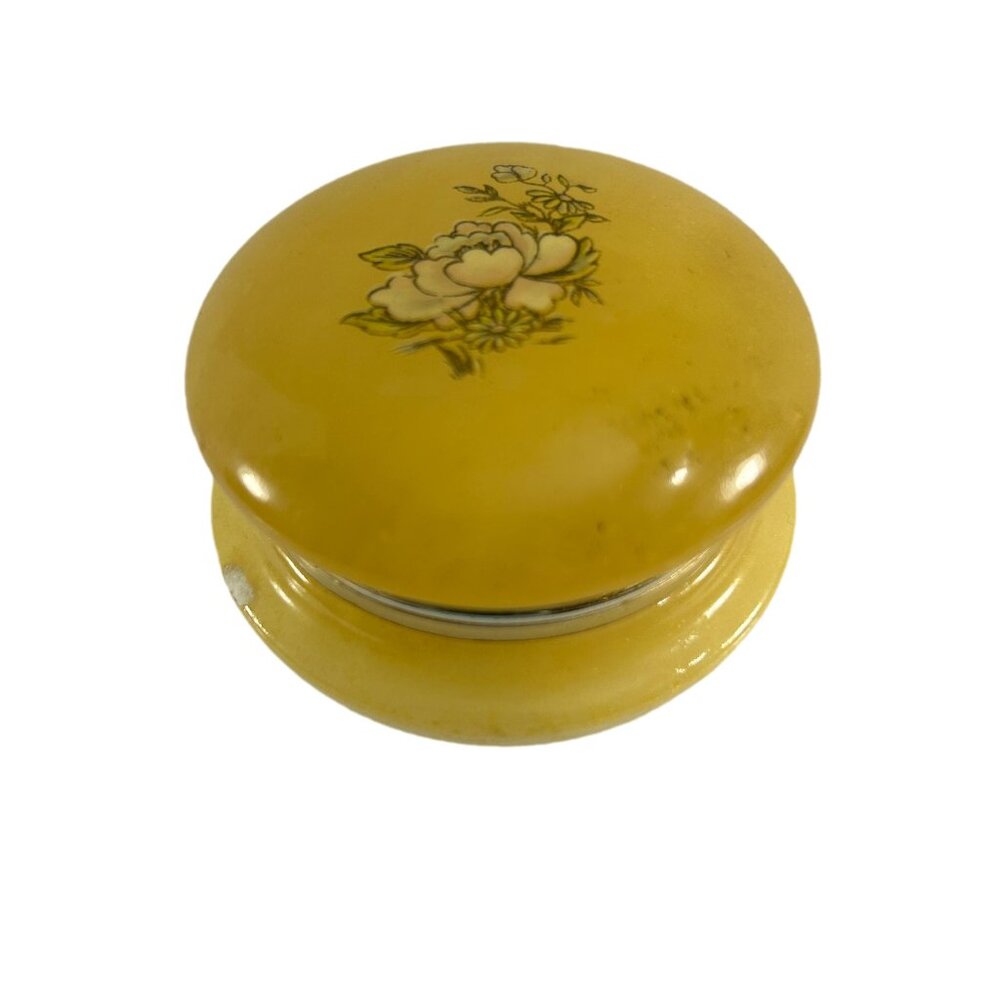 Vtg Alabaster Hinged Trinket Box Made in Italy Yellow Round Flower Powder Jar